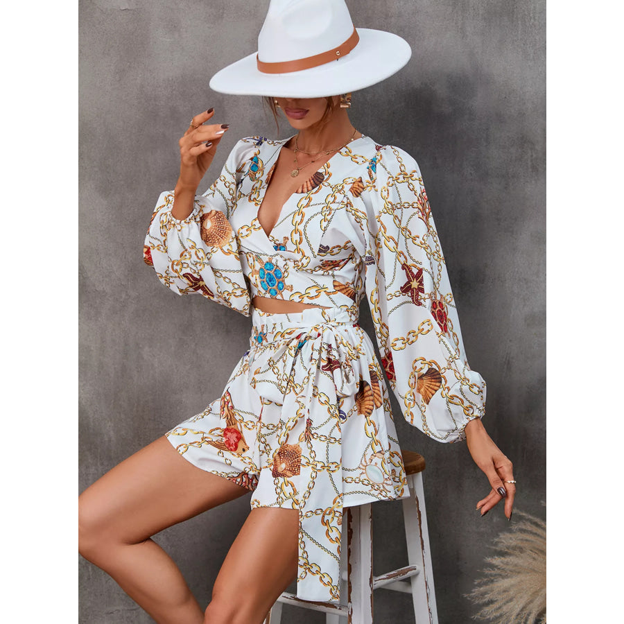 Cutout Front Printed Long Sleeve Romper Apparel and Accessories