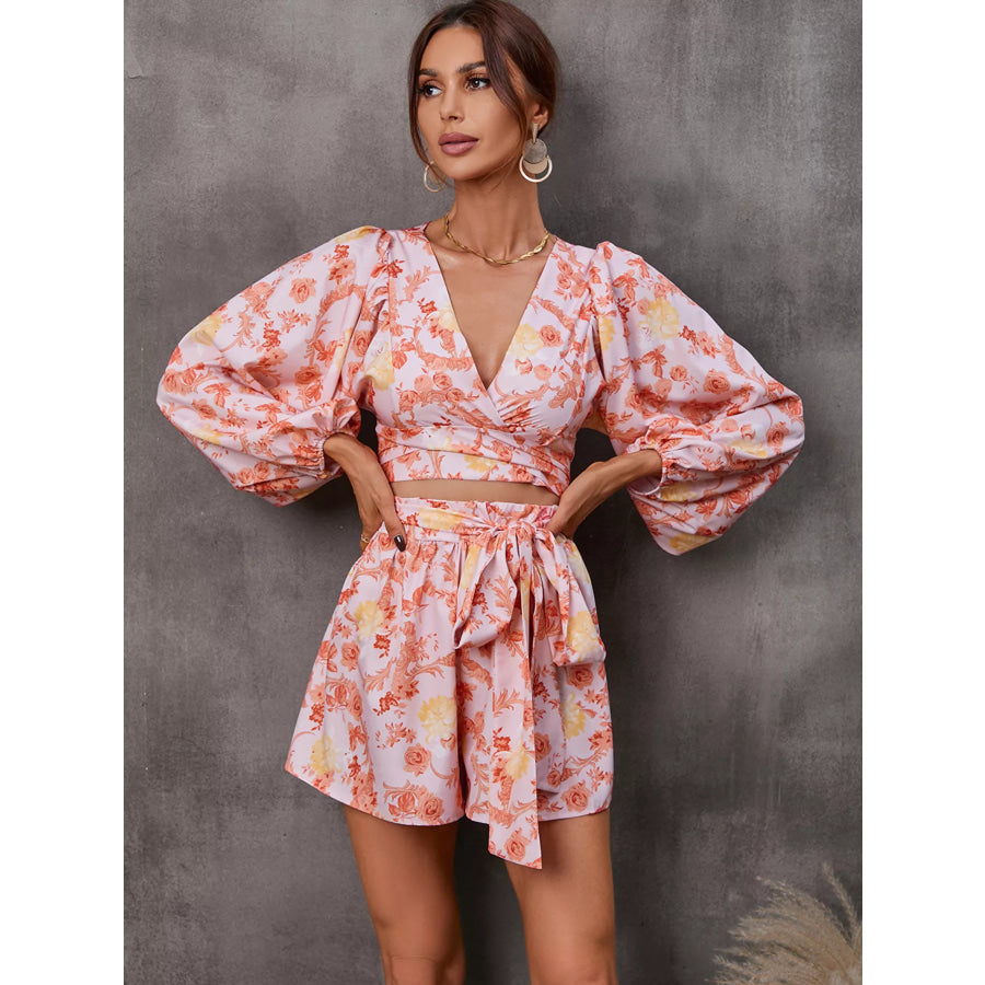 Cutout Front Printed Long Sleeve Romper Orange-Red / S Apparel and Accessories
