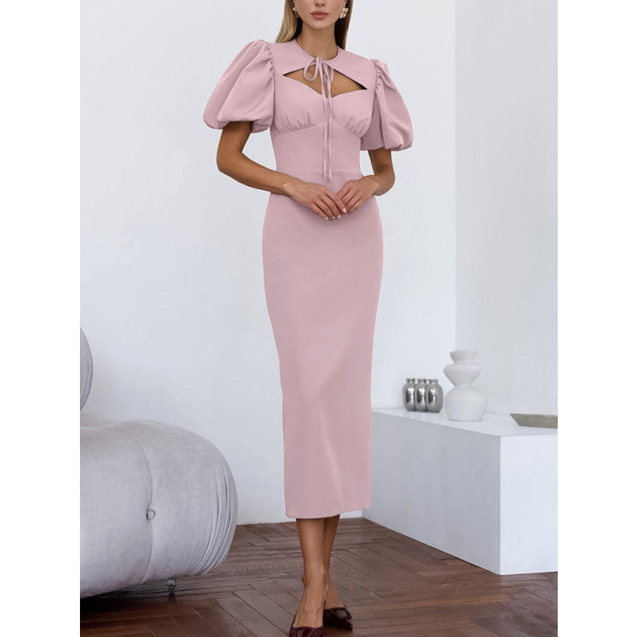 Cutout Front Puff Sleeve Dress Dusty Pink / S Apparel and Accessories