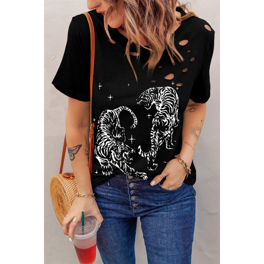 Cutout Graphic Round Neck Short Sleeve T - Shirt Apparel and Accessories