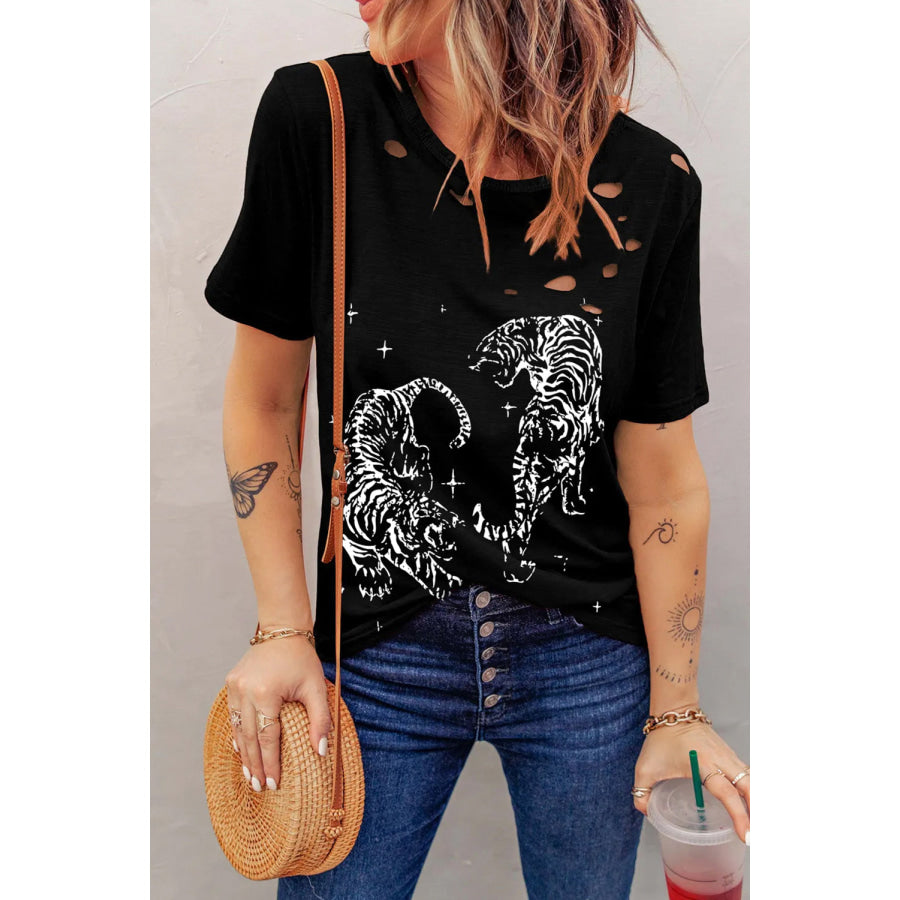 Cutout Graphic Round Neck Short Sleeve T - Shirt Black / S Apparel and Accessories