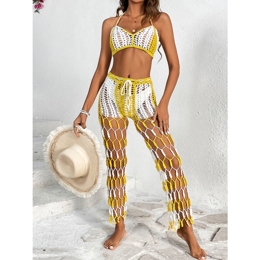 Cutout Halter Neck Top and Pants Two - Piece Swim Set Mustard / S Apparel Accessories