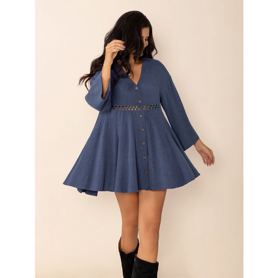 Cutout Johnny Collar Long Sleeve Mini Dress Dusty Blue / S Apparel and Accessories