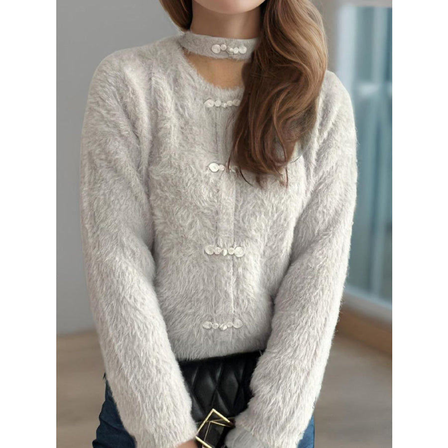 Cutout Knot Button Long Sleeve Cardigan Apparel and Accessories