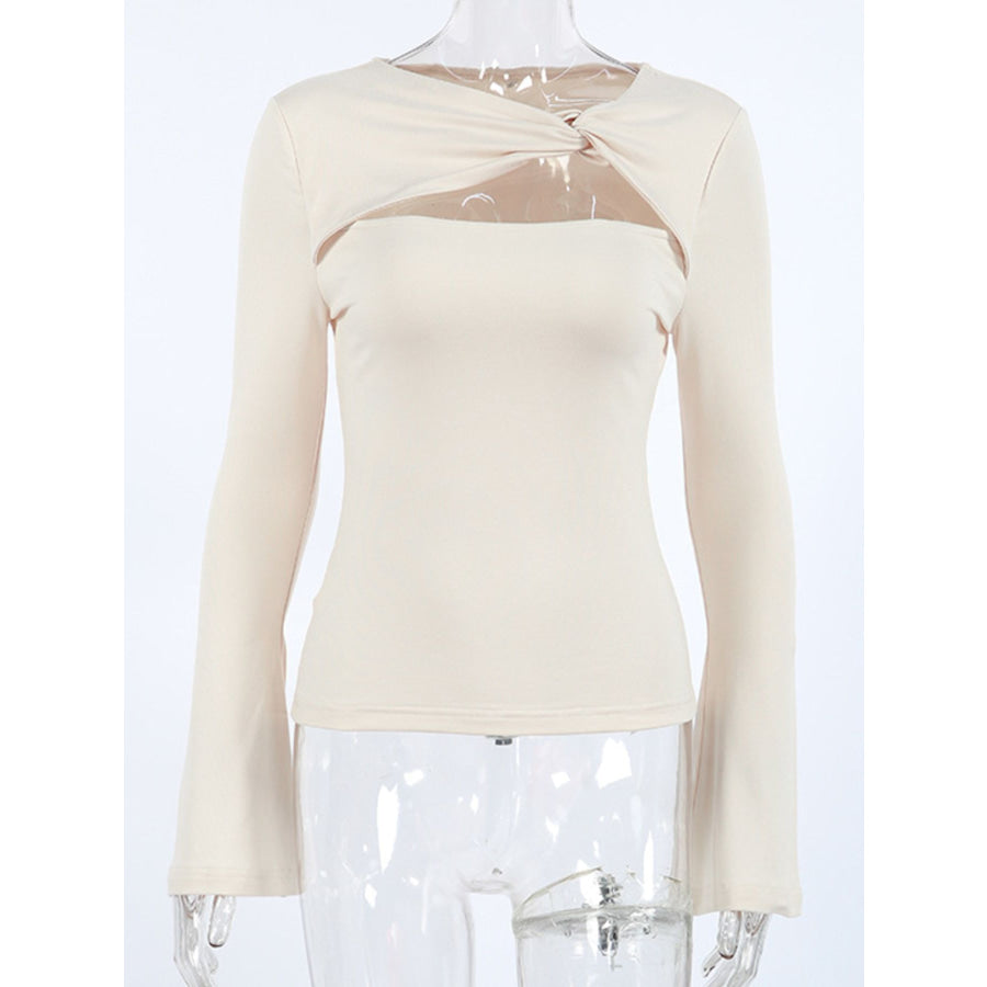 Cutout Knot Front Long Sleeve Top Apparel and Accessories