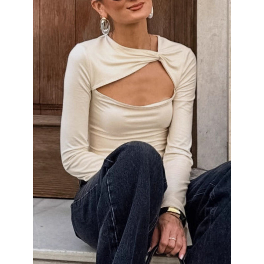 Cutout Knot Front Long Sleeve Top Apparel and Accessories
