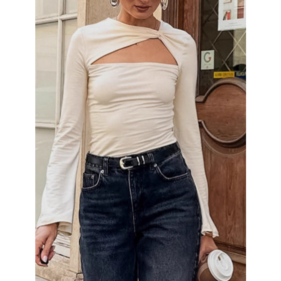 Cutout Knot Front Long Sleeve Top Apparel and Accessories