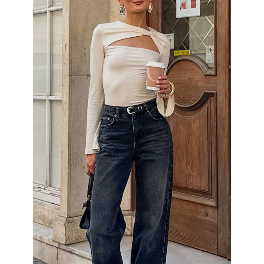 Cutout Knot Front Long Sleeve Top Beige / S Apparel and Accessories
