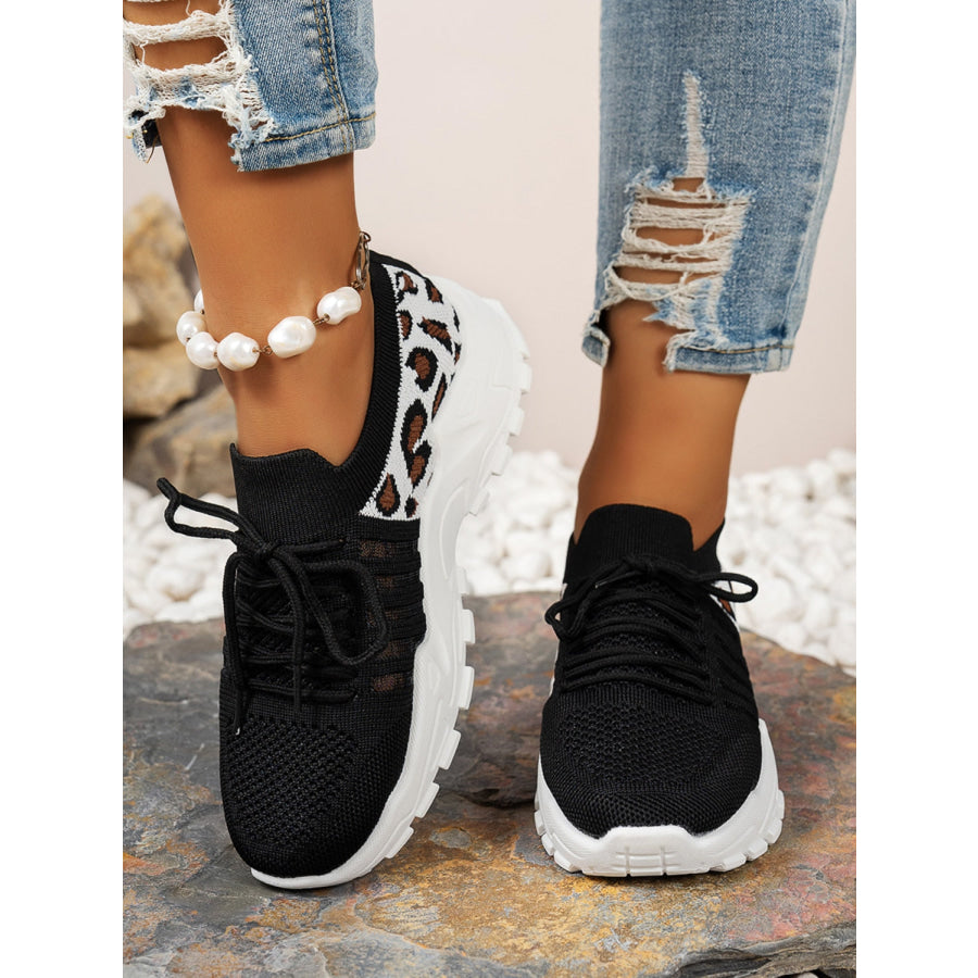 Cutout Leopard Lace Up Mesh Athletic Black / 36(US5) Apparel and Accessories