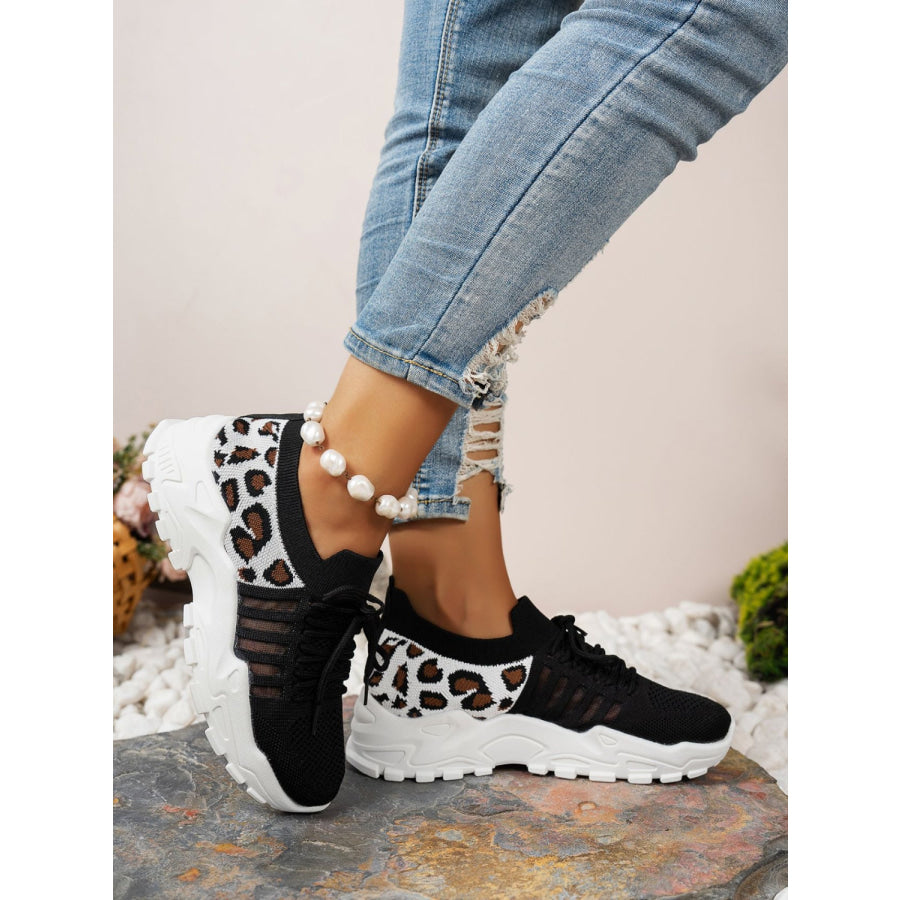 Cutout Leopard Lace Up Mesh Athletic Black / 36(US5) Apparel and Accessories