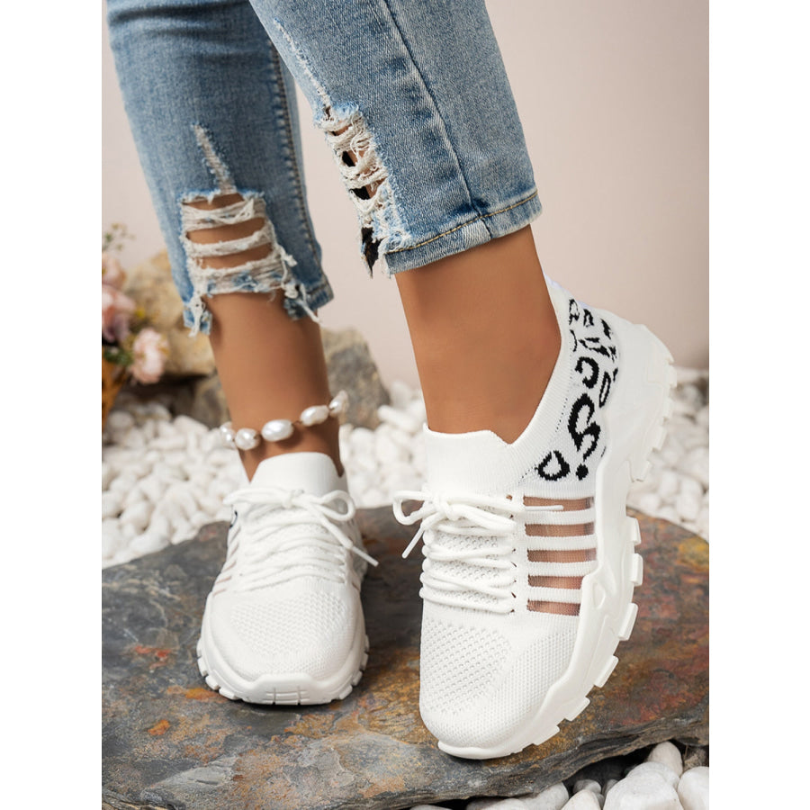 Cutout Leopard Lace Up Mesh Athletic White / 36(US5) Apparel and Accessories