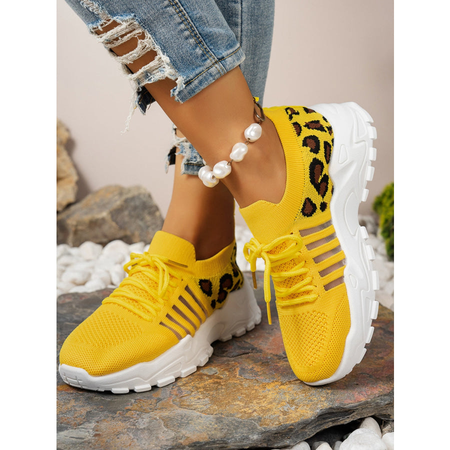 Cutout Leopard Lace Up Mesh Athletic Yellow / 36(US5) Apparel and Accessories