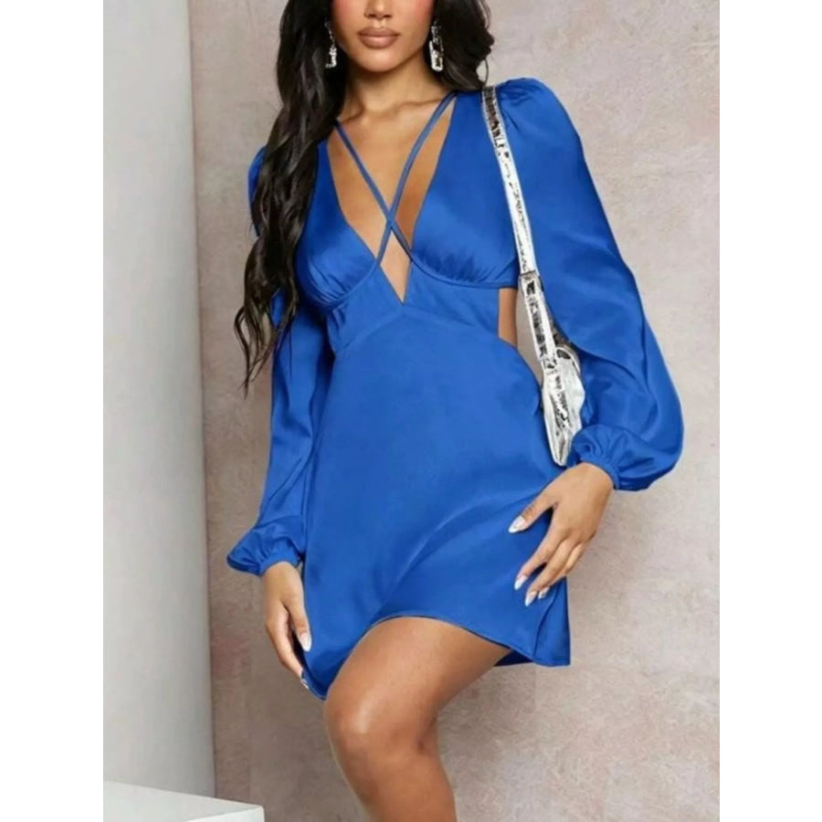 Cutout Long Sleeve Mini Dress Royal Blue / XS Apparel and Accessories