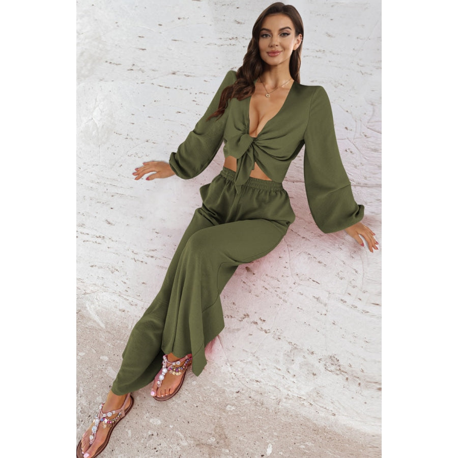 Cutout Long Sleeve Top and Wide Leg Pants Set Army Green / S