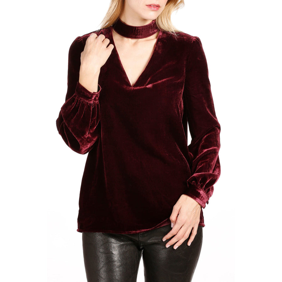 Cutout Long Sleeve Velvet Blouse Apparel and Accessories