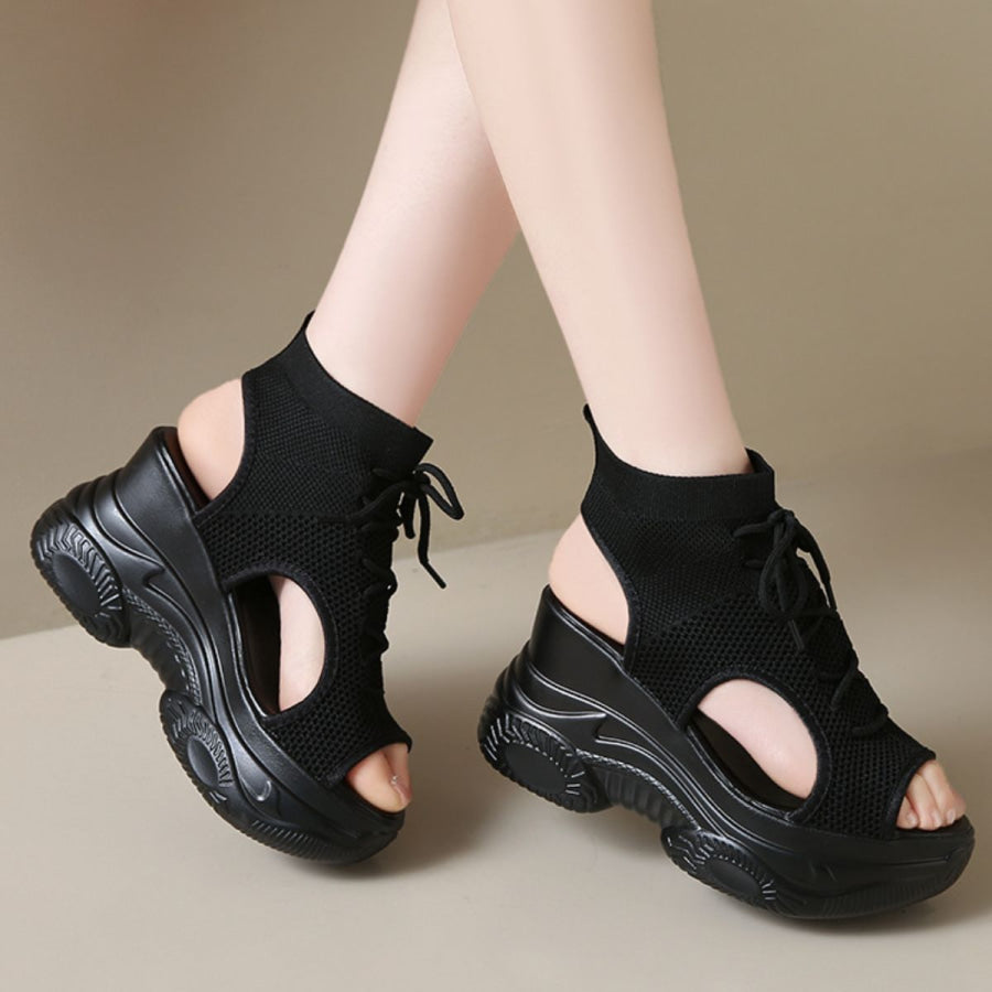 Cutout Mesh Wedge Sandals Black Lace / 34 Apparel and Accessories