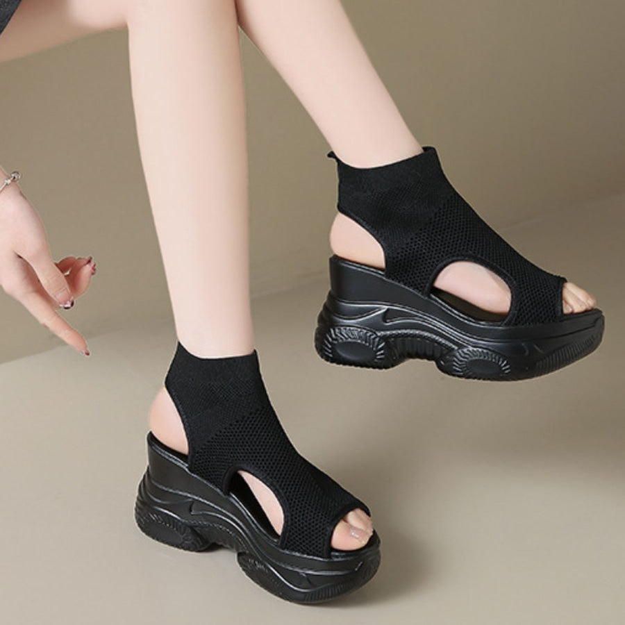 Cutout Mesh Wedge Sandals Black Set Of Feet / 34 Apparel and Accessories