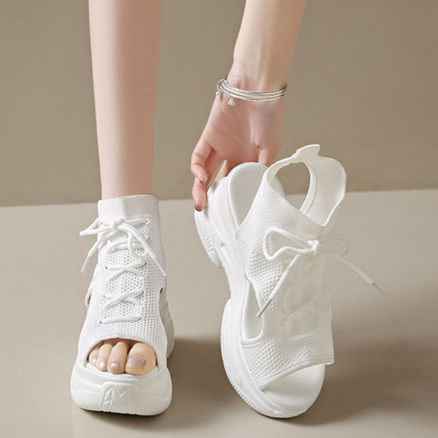 Cutout Mesh Wedge Sandals White Lace / 34 Apparel and Accessories