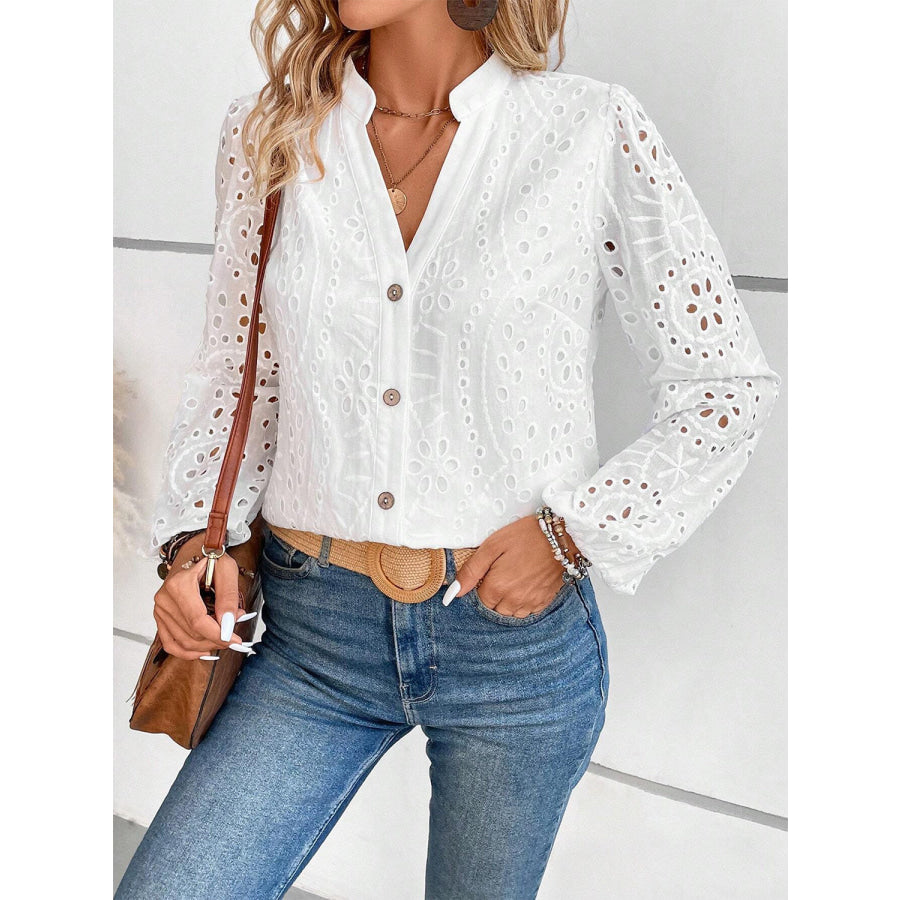 Cutout Notched Long Sleeve Blouse Apparel and Accessories