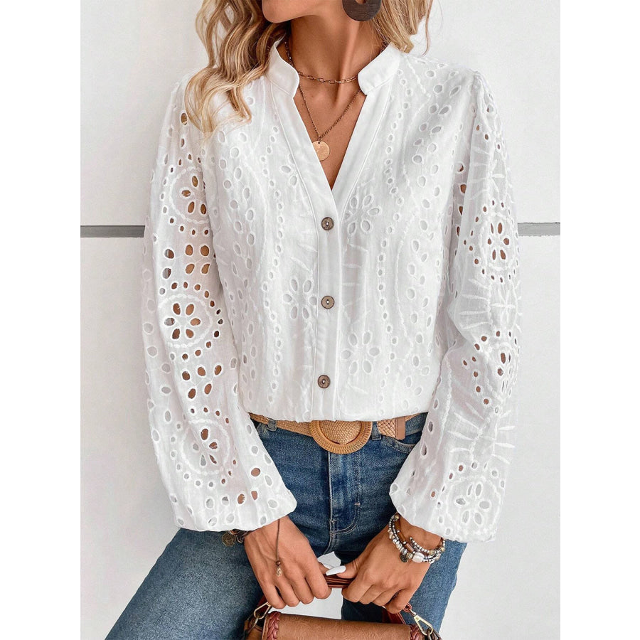 Cutout Notched Long Sleeve Blouse White / S Apparel and Accessories