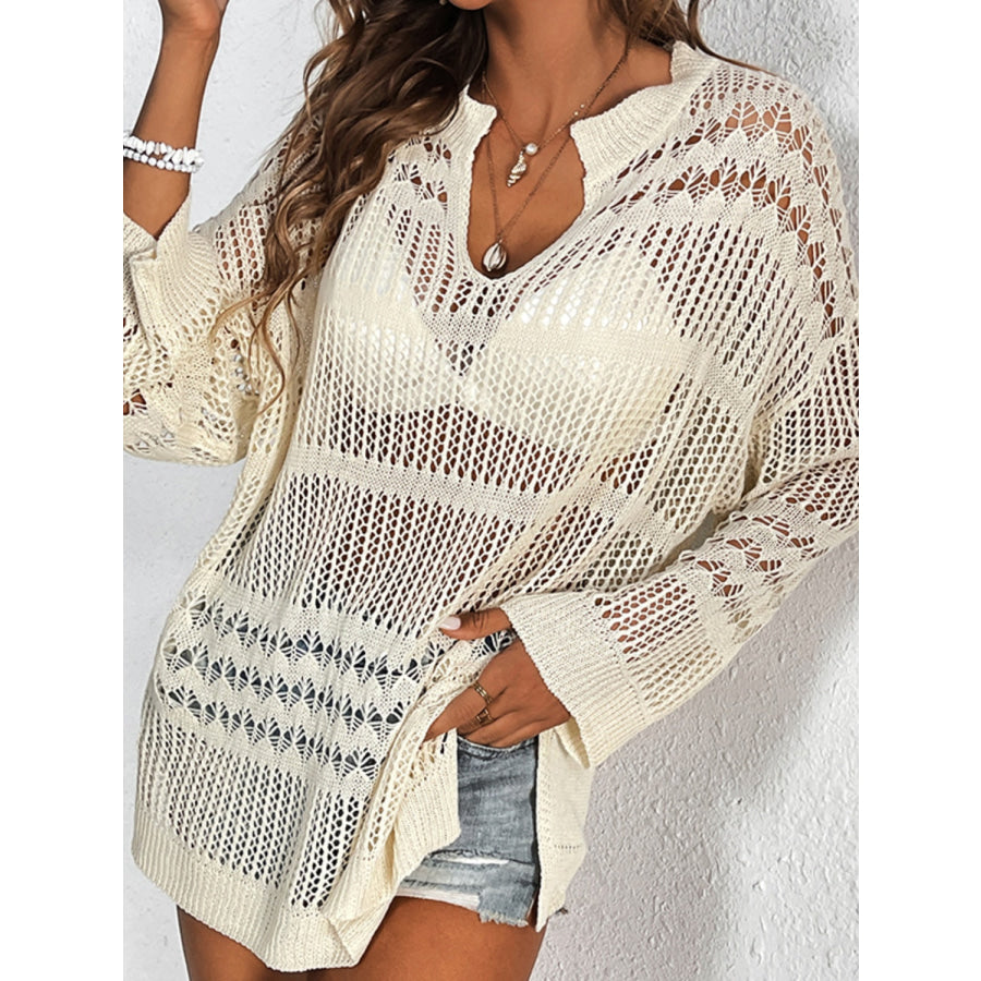Cutout Notched Long Sleeve Cover - Up Apparel and Accessories