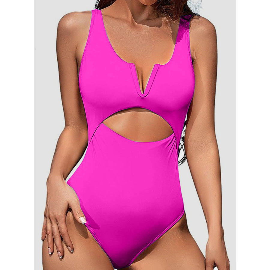 Cutout Notched Wide Strap One - Piece Swimwear Hot Pink / S Apparel and Accessories