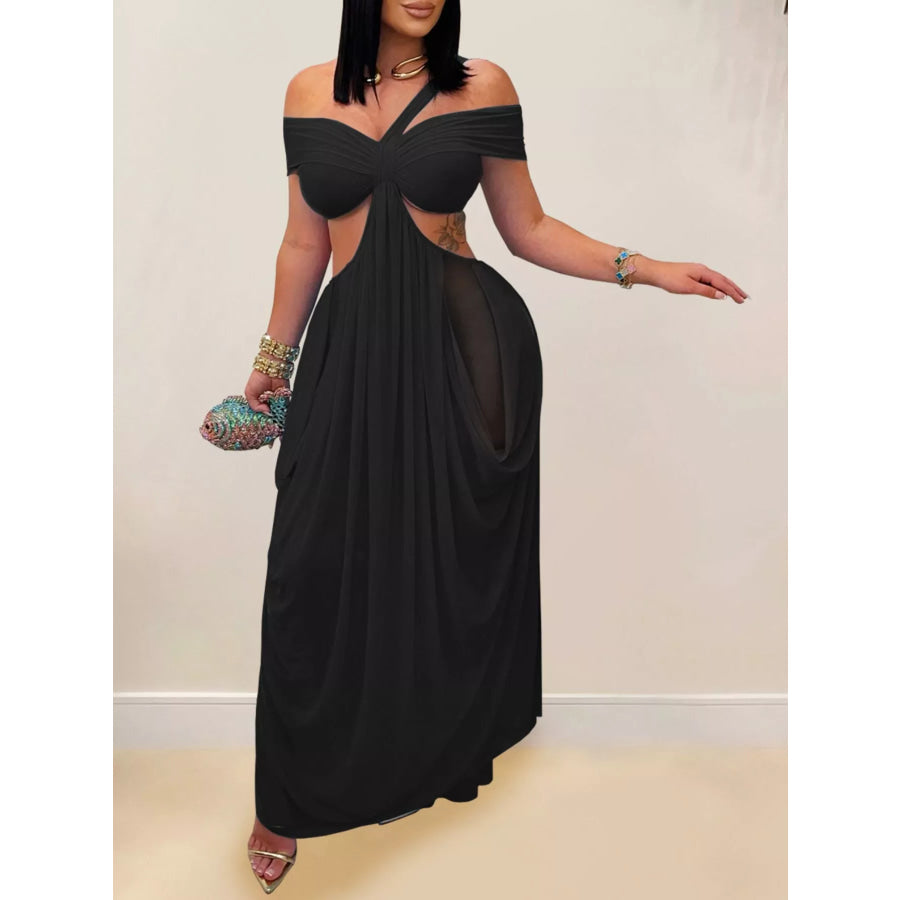 Cutout Off Shoulder Ruched Maxi Dress Black / S Apparel and Accessories