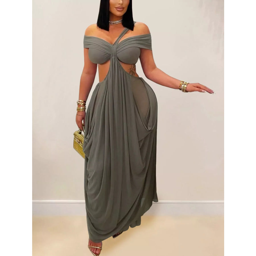 Cutout Off Shoulder Ruched Maxi Dress Dark Gray / S Apparel and Accessories