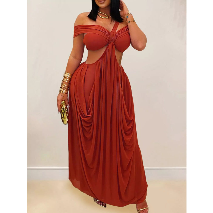 Cutout Off Shoulder Ruched Maxi Dress Deep Red / S Apparel and Accessories