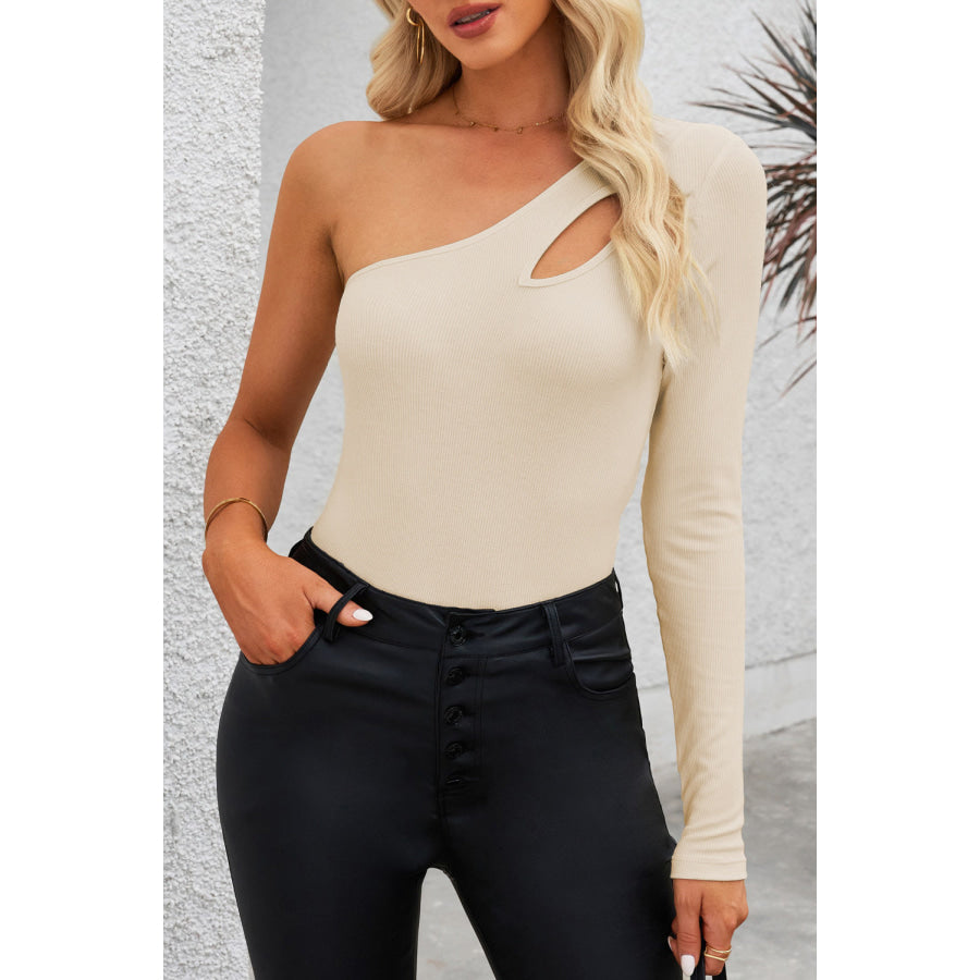 Cutout One Shoulder Long Sleeve Bodysuit Beige / S Apparel and Accessories