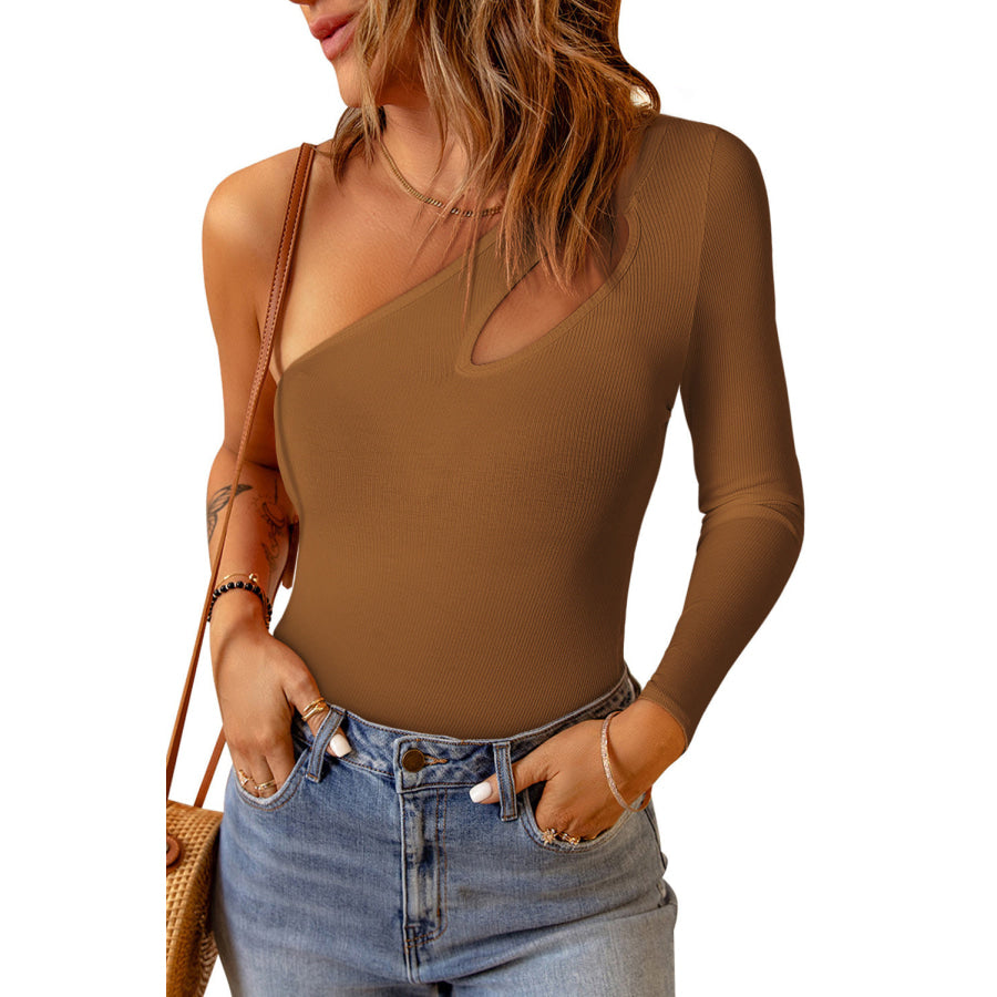 Cutout One Shoulder Long Sleeve Bodysuit Coffee Brown / S Apparel and Accessories