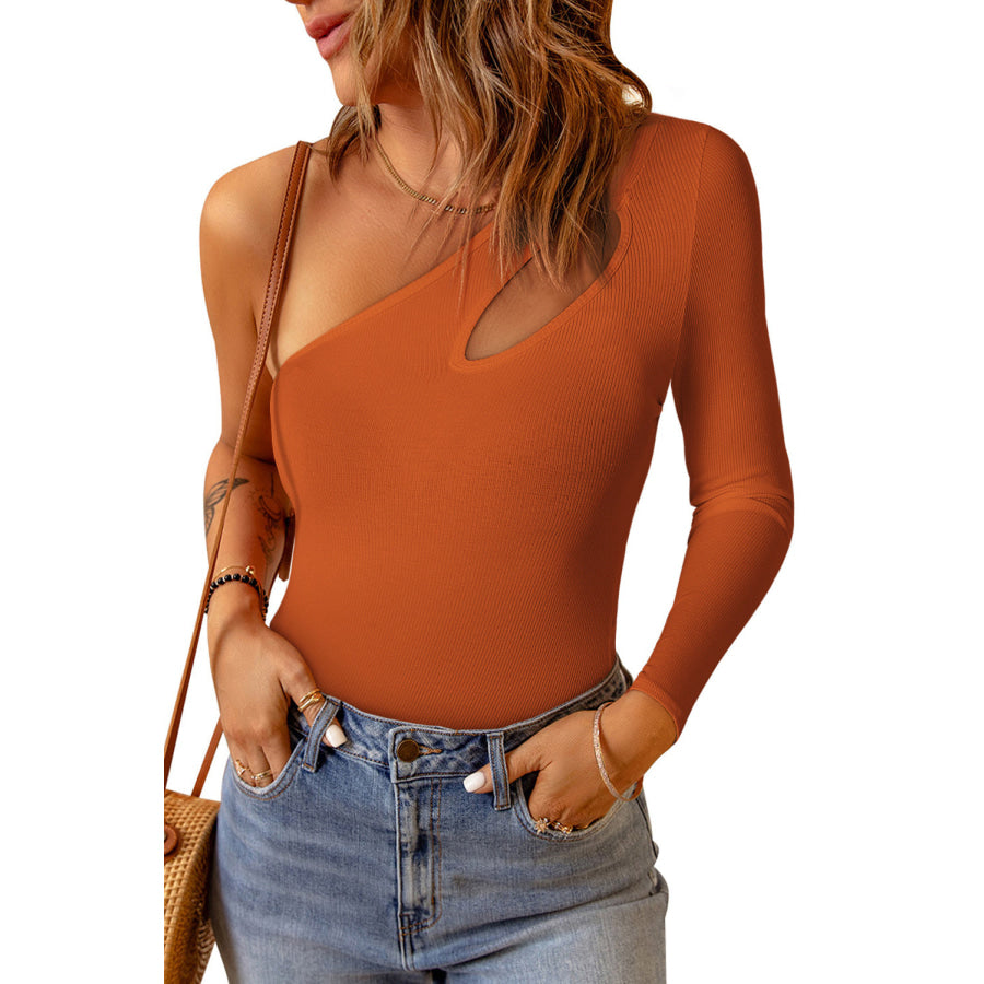 Cutout One Shoulder Long Sleeve Bodysuit Ochre / S Apparel and Accessories
