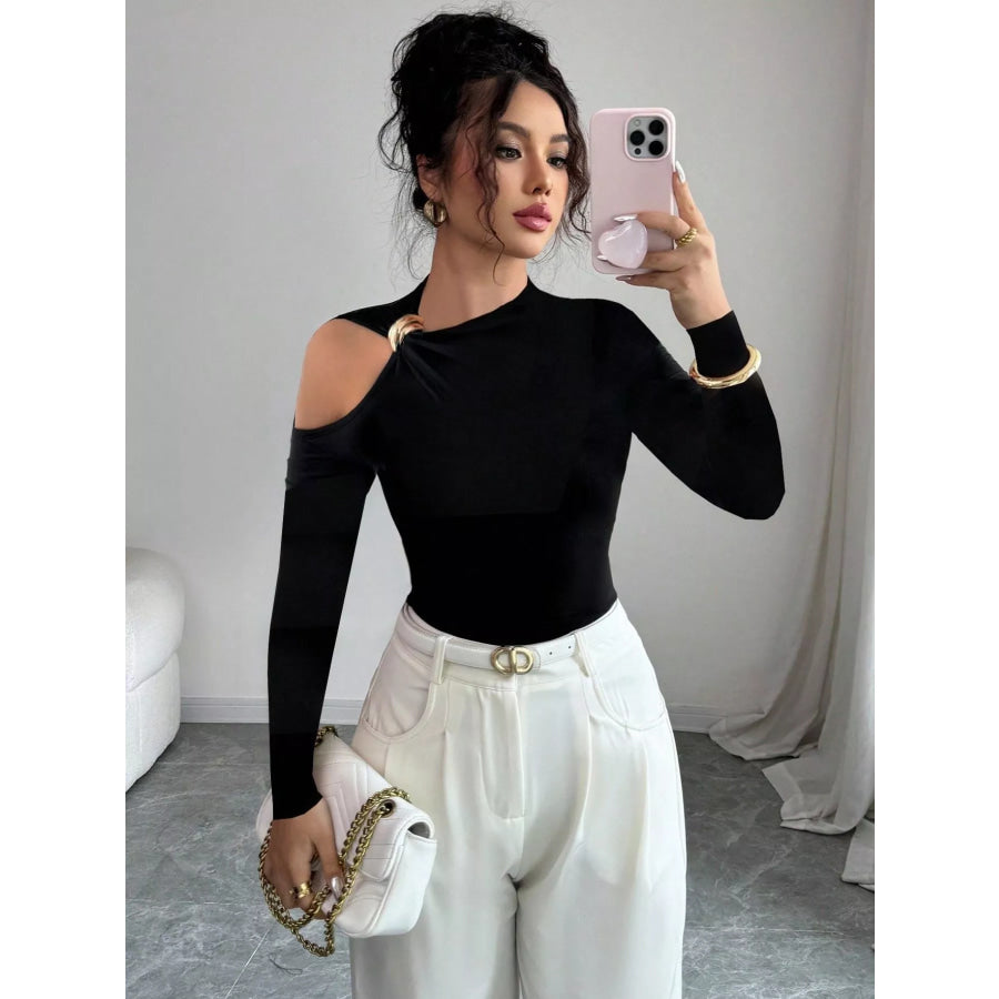 Cutout One-Shoulder Long Sleeve T-Shirt Black / S Apparel and Accessories