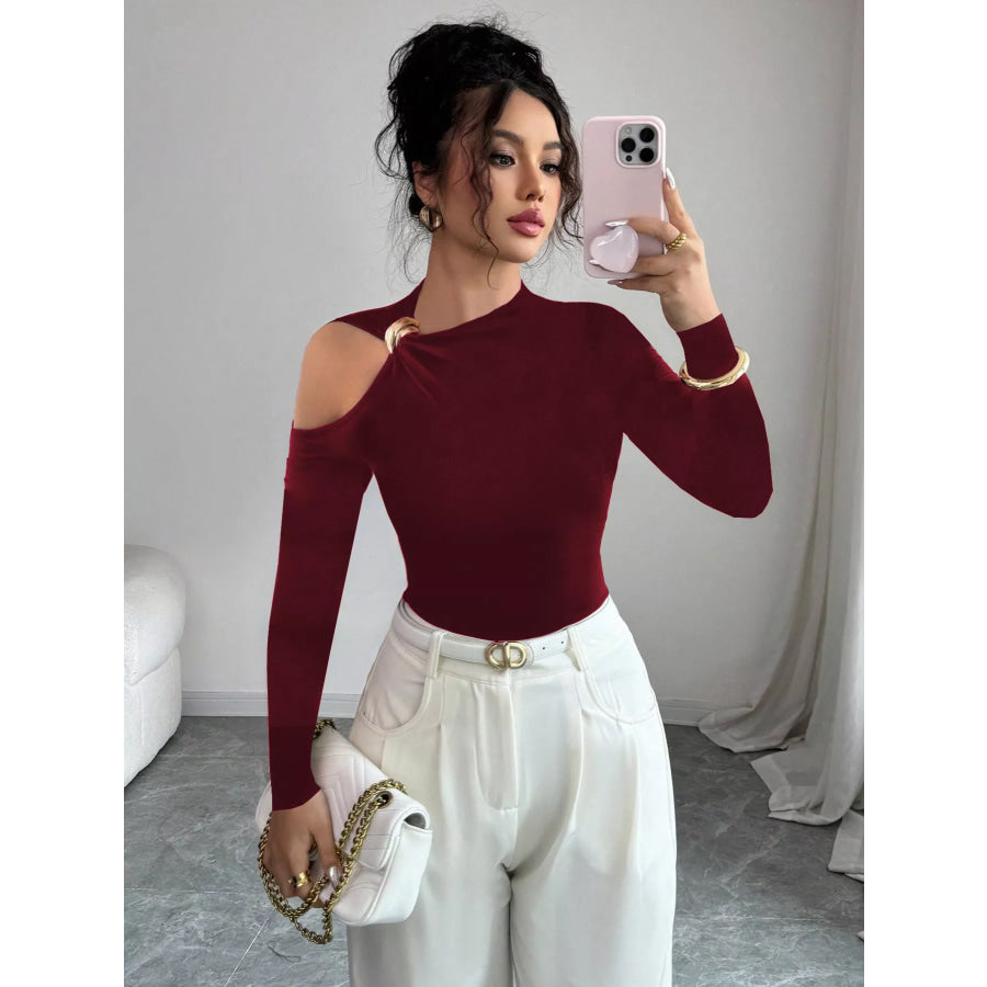 Cutout One-Shoulder Long Sleeve T-Shirt Burgundy / S Apparel and Accessories