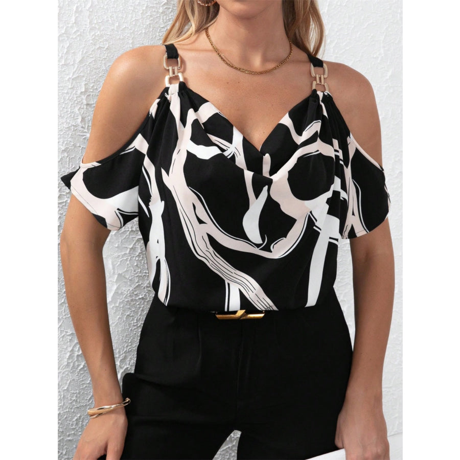 Cutout Printed Cowl Neck Short Sleeve Blouse Apparel and Accessories