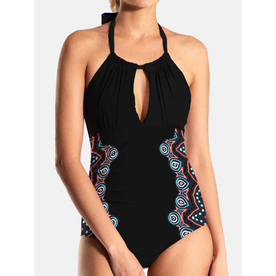 Cutout Printed Halter Neck One - Piece Swimwear Black / S Apparel and Accessories