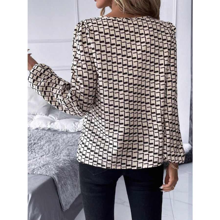 Cutout Printed Long Sleeve Blouse Tan / S Apparel and Accessories