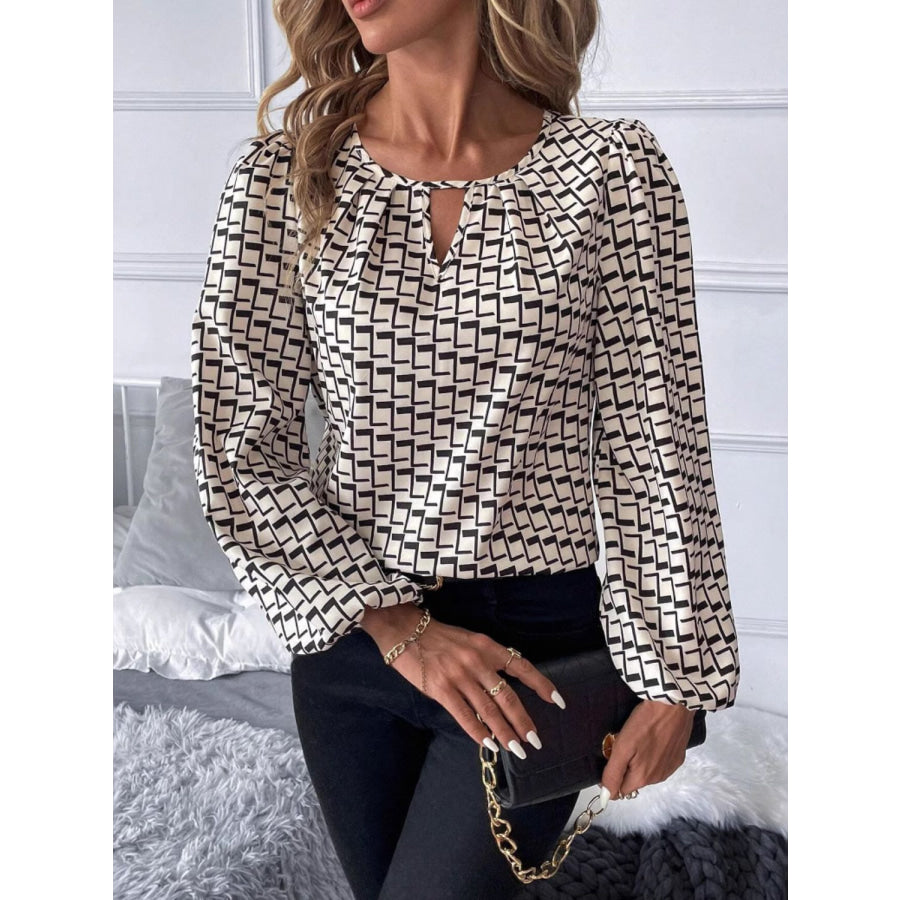 Cutout Printed Long Sleeve Blouse Tan / S Apparel and Accessories