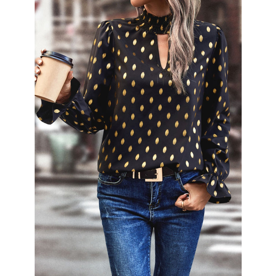 Cutout Printed Mock Neck Flounce Sleeve Blouse Apparel and Accessories