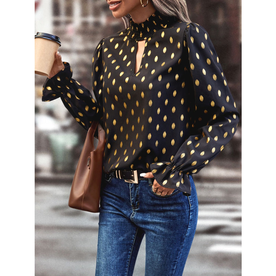 Cutout Printed Mock Neck Flounce Sleeve Blouse Apparel and Accessories