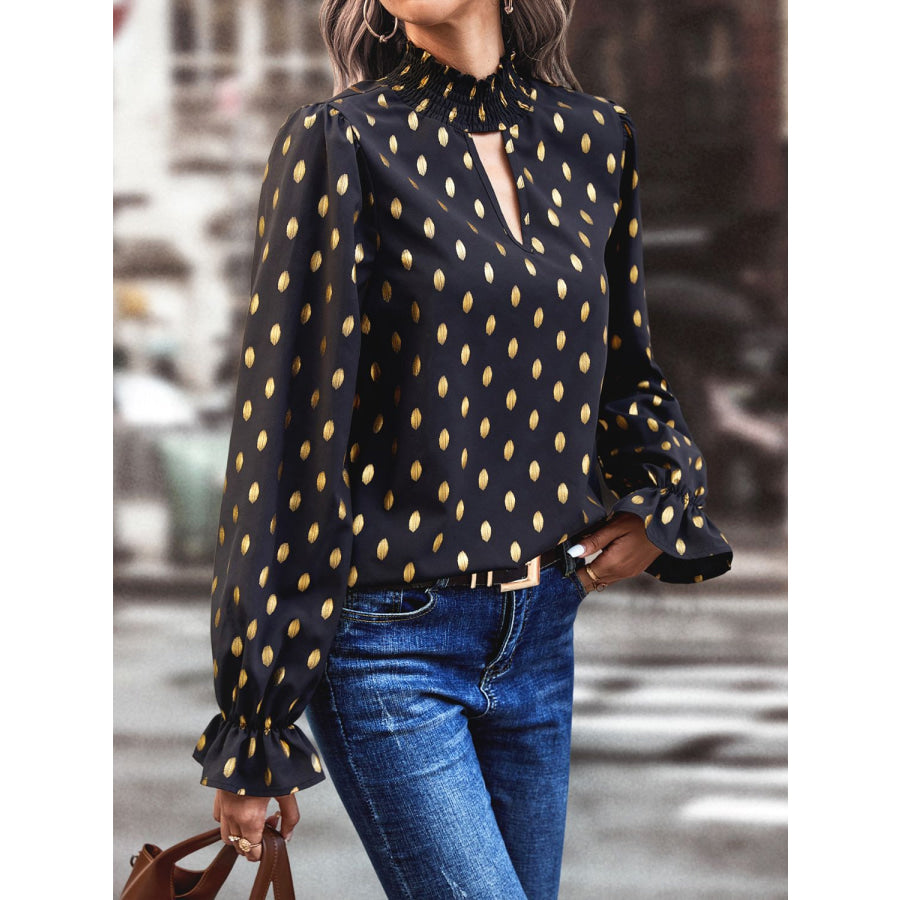 Cutout Printed Mock Neck Flounce Sleeve Blouse Apparel and Accessories