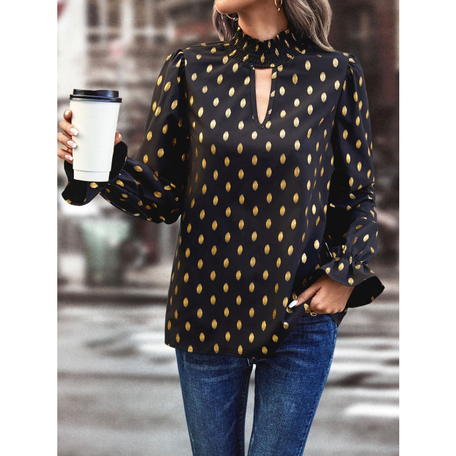 Cutout Printed Mock Neck Flounce Sleeve Blouse Apparel and Accessories