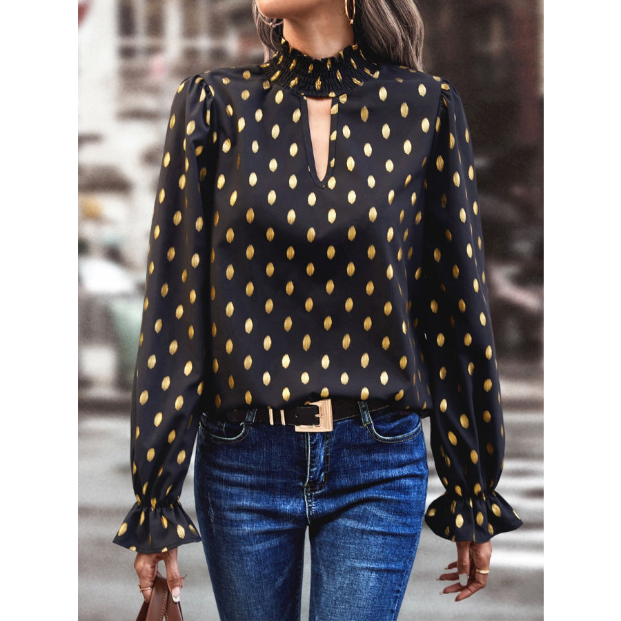 Cutout Printed Mock Neck Flounce Sleeve Blouse Black / S Apparel and Accessories