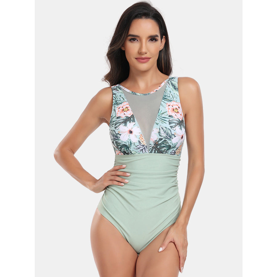 Cutout Printed Round Neck One-Piece Swimwear Apparel and Accessories