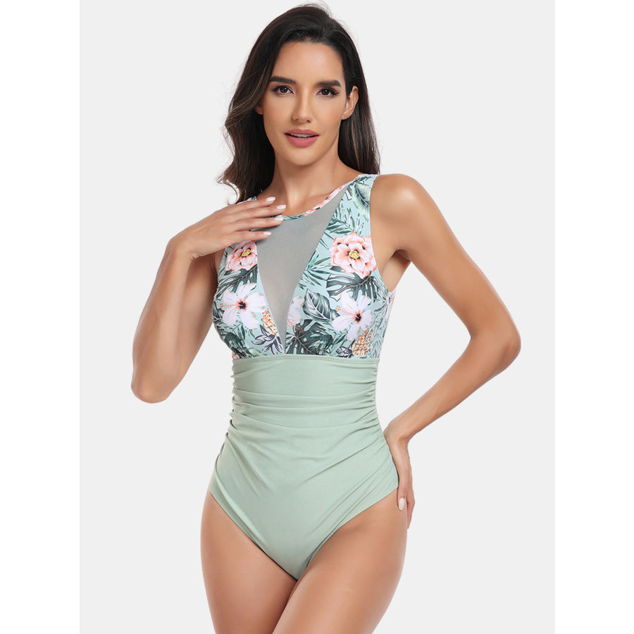 Cutout Printed Round Neck One-Piece Swimwear Apparel and Accessories