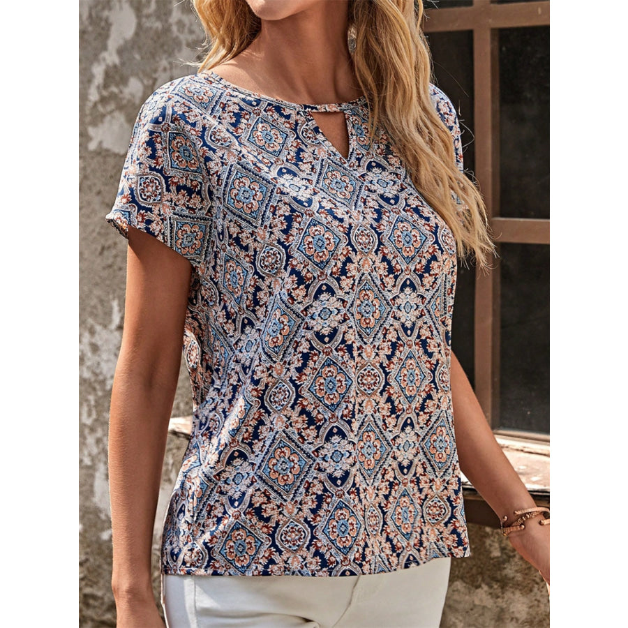 Cutout Printed Round Neck Short Sleeve Blouse Apparel and Accessories