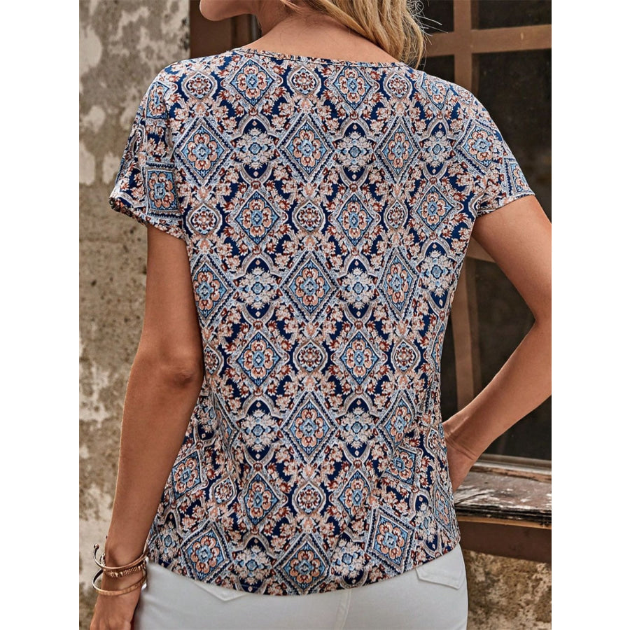 Cutout Printed Round Neck Short Sleeve Blouse Apparel and Accessories