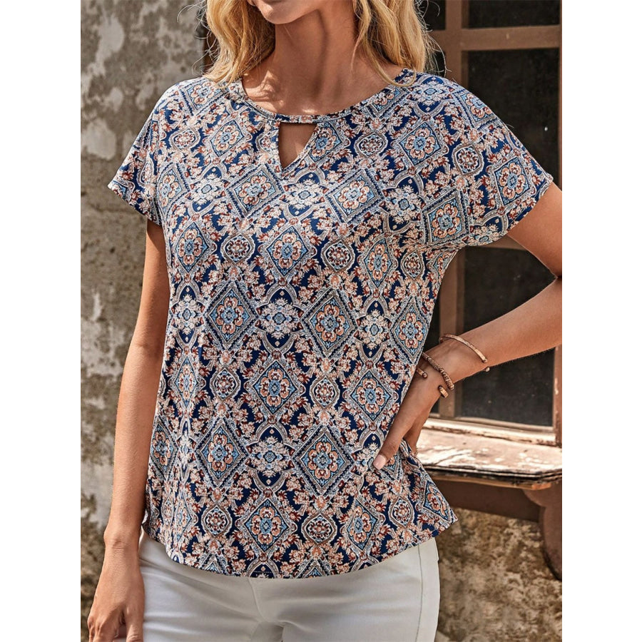 Cutout Printed Round Neck Short Sleeve Blouse Apparel and Accessories