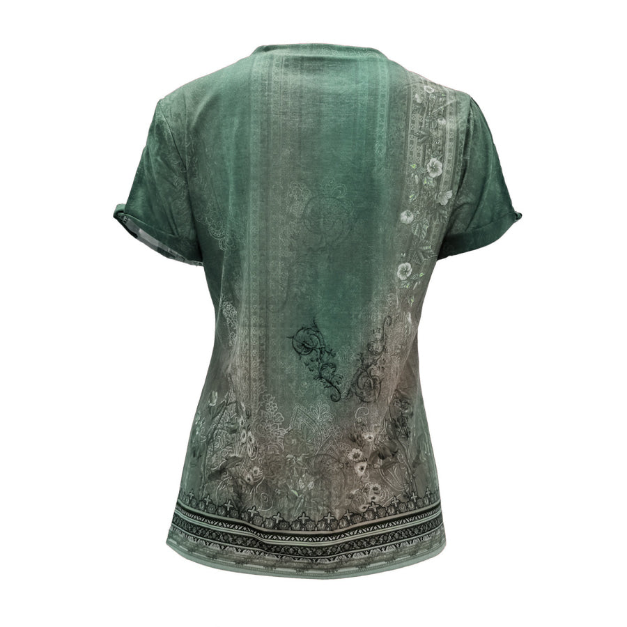 Cutout Printed Round Neck Short Sleeve Blouse Sage / S Apparel and Accessories