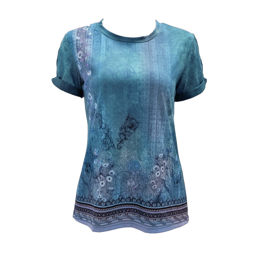 Cutout Printed Round Neck Short Sleeve Blouse Apparel and Accessories